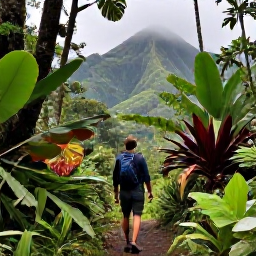 Caribbean Holidays, Guadeloupe Solo Holidays, Hiker on a lush rainforest trail near La Soufri&egrave;re volcano in Guadeloupe, with misty green mountains and tropical plants