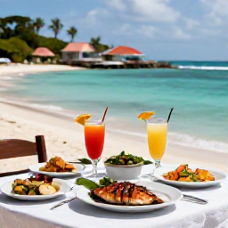 Caribbean Holidays, Guadeloupe Solo Holidays, Outdoor table in a Guadeloupe seaside village with Creole dishes, grilled fish and colourful local drinks
