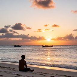 Caribbean Holidays, Guadeloupe Solo Holidays, Peaceful Guadeloupe sunset beach with a solo traveller sitting near the shoreline and small fishing boats offshore