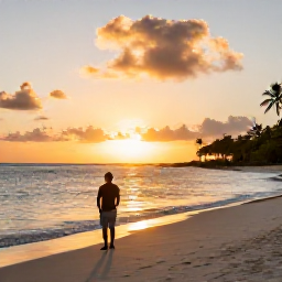 Caribbean Holidays, Guadeloupe Solo Holidays, Peaceful Guadeloupe sunset over a beach with a solo traveller watching from the shoreline