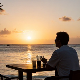 Caribbean Holidays, Guadeloupe Solo Holidays, Peaceful Guadeloupe sunset over the sea, with a solo traveller enjoying a beachside restaurant and warm evening light
