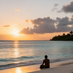 Caribbean Holidays, Guadeloupe Solo Holidays, Quiet Guadeloupe beach at sunset in September, with a solo traveller sitting near calm turquoise water