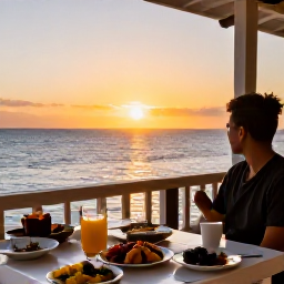 Caribbean Holidays, Guadeloupe Solo Holidays, Relaxed Guadeloupe seaside restaurant at sunset, local Creole food and a solo diner overlooking the Caribbean