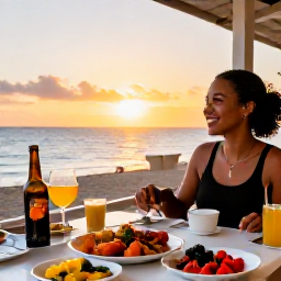 Caribbean Holidays, Guadeloupe Solo Holidays, Relaxed solo traveller dining at an outdoor caf&eacute; in Guadeloupe at sunset, colourful Creole dishes and friendly French-Caribbean setting