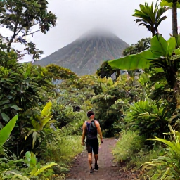 Caribbean Holidays, Guadeloupe Solo Holidays, Solo hiker on a rainforest trail in Guadeloupe National Park near La Soufri&egrave;re, lush tropical vegetation and misty volcanic mountain