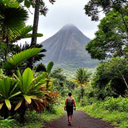 Caribbean Holidays, Guadeloupe Solo Holidays, Solo hiker walking through lush Guadeloupe rainforest near a waterfall, tropical plants and volcanic mountain scenery