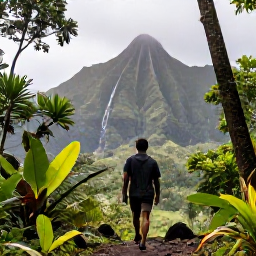 Caribbean Holidays, Guadeloupe Solo Holidays, Solo hiker walking through lush Guadeloupe rainforest near a waterfall, tropical plants and volcanic mountains
