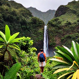 Caribbean Holidays, Guadeloupe Solo Holidays, Solo hiker walking through lush Guadeloupe rainforest towards a waterfall in July, tropical foliage and volcanic mountains