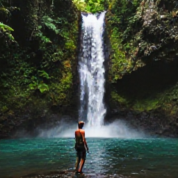 Caribbean Holidays, Guadeloupe Solo Holidays, Solo hiker walking through the tropical rainforest of Guadeloupe towards a waterfall, dramatic green scenery and clear pool