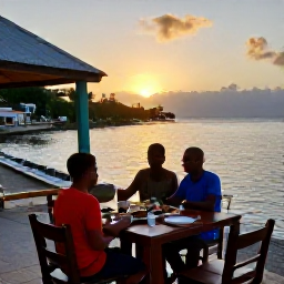 Caribbean Holidays, Guadeloupe Solo Holidays, Solo traveller dining at a small waterfront restaurant in Guadeloupe at sunset, Creole food and a welcoming local atmosphere