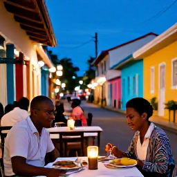 Caribbean Holidays, Guadeloupe Solo Holidays, Solo traveller enjoying Creole dinner at an outdoor restaurant in Guadeloupe, colourful evening street scene