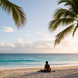Caribbean Holidays, Guadeloupe Solo Holidays, Solo traveller relaxing on a quiet Guadeloupe beach in August, turquoise sea, palm trees and soft afternoon light