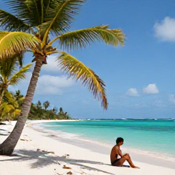 Caribbean Holidays, Guadeloupe Solo Holidays, Solo traveller relaxing on a quiet Guadeloupe beach in February, turquoise sea, palm trees and warm Caribbean sunlight
