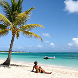 Caribbean Holidays, Guadeloupe Solo Holidays, Solo traveller relaxing on a quiet Guadeloupe beach with turquoise water, palm trees and a small fishing boat