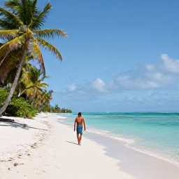 Caribbean Holidays, Guadeloupe Solo Holidays, Solo traveller walking along a quiet tropical beach in Guadeloupe during September, with turquoise water and palm trees