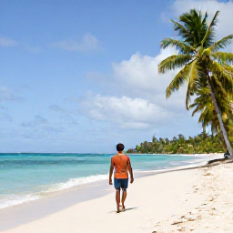 Caribbean Holidays, Guadeloupe Solo Holidays, Solo traveller walking along a quiet white-sand beach in Guadeloupe in warm February sunshine, turquoise sea and palm trees