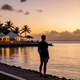 Caribbean Holidays, Guadeloupe Solo Holidays, Solo traveller watching sunset from a Guadeloupe waterfront promenade, calm Caribbean sea and softly lit caf&eacute;s
