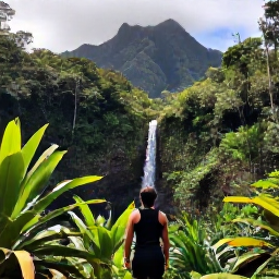Caribbean Holidays, Guadeloupe Solo Holidays, Solo visitor hiking through lush Guadeloupe rainforest towards a waterfall in Basse-Terre, with tropical plants and volcanic mountains