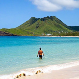Caribbean Holidays, Guadeloupe Solo Holidays, Solo visitor swimming in clear turquoise water at a secluded Guadeloupe beach, green hills and volcanic island scenery in the background