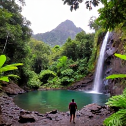 Caribbean Holidays, Guadeloupe Solo Holidays, Solo visitor walking through lush Guadeloupe rainforest near a waterfall, tropical plants, volcanic mountains and a clear pool