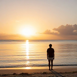 Caribbean Holidays, Guadeloupe Solo Holidays, Sunset over a calm Guadeloupe beach with a solo traveller watching the sea, warm golden light and relaxed atmosphere