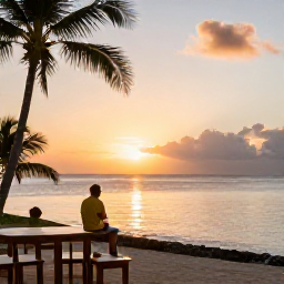 Caribbean Holidays, Guadeloupe Solo Holidays, Traveller enjoying a peaceful sunset from a seaside terrace in Guadeloupe