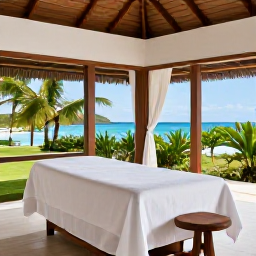 Caribbean Holidays, Guadeloupe Spa Breaks, A calm spa treatment room in Guadeloupe decorated with natural wood, white linen, tropical plants and views towards the sea