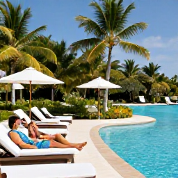 Caribbean Holidays, Guadeloupe Spa Breaks, A couple relaxing beside a palm-fringed pool at a Guadeloupe resort in April, with comfortable loungers and a tropical landscape