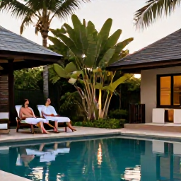 Caribbean Holidays, Guadeloupe Spa Breaks, A couple relaxing beside a quiet Guadeloupe resort pool after a spa treatment, with tropical foliage and warm evening light