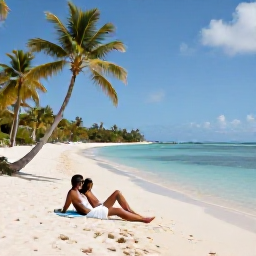 Caribbean Holidays, Guadeloupe Spa Breaks, A couple relaxing on a quiet Guadeloupe beach in November, with white sand, palm trees and calm blue Caribbean water