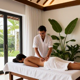 Caribbean Holidays, Guadeloupe Spa Breaks, A modern Guadeloupe hotel spa with a therapist giving a relaxing massage in a bright room decorated with tropical plants