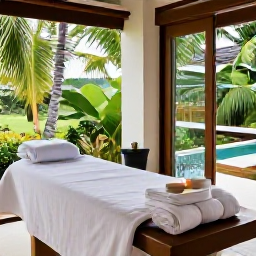 Caribbean Holidays, Guadeloupe Spa Breaks, A modern treatment room in a Guadeloupe resort, with towels, candles, natural products and views towards lush tropical gardens