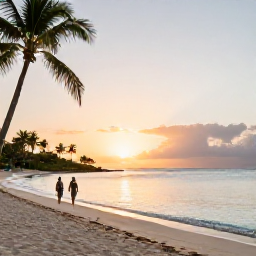 Caribbean Holidays, Guadeloupe Spa Breaks, A peaceful Guadeloupe beach at sunset with calm turquoise water, soft sand, palm trees and a couple walking beside the sea