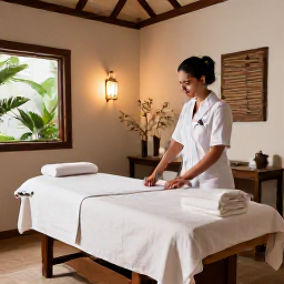 Caribbean Holidays, Guadeloupe Spa Breaks, A professional spa treatment room in Guadeloupe with natural materials, soft lighting, towels and subtle tropical details