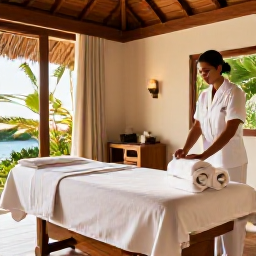 Caribbean Holidays, Guadeloupe Spa Breaks, A professional spa treatment room in Guadeloupe with natural wood, soft towels, tropical details and gentle sunlight
