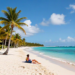 Caribbean Holidays, Guadeloupe Spa Breaks, A quiet Guadeloupe beach in April with turquoise water, pale sand, palm trees and a couple relaxing near the shoreline