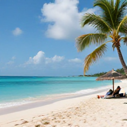 Caribbean Holidays, Guadeloupe Spa Breaks, A quiet Guadeloupe beach in June with turquoise water, pale sand, palm trees and a visitor relaxing under shade