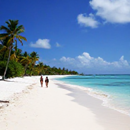 Caribbean Holidays, Guadeloupe Spa Breaks, A quiet white-sand beach near Sainte-Anne, Guadeloupe, with turquoise water, palm trees and a couple walking along the shore