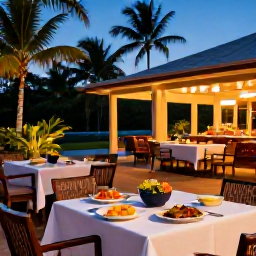 Caribbean Holidays, Guadeloupe Spa Breaks, A relaxed open-air restaurant in Guadeloupe serving colourful Creole food beside a tropical garden at evening time
