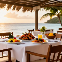 Caribbean Holidays, Guadeloupe Spa Breaks, A relaxed outdoor restaurant in Guadeloupe serving fresh seafood, colourful tropical fruit and local dishes at sunset