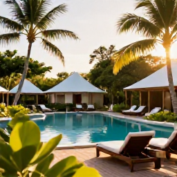 Caribbean Holidays, Guadeloupe Spa Breaks, A tranquil Guadeloupe spa resort surrounded by tropical gardens, with a calm pool and palm trees in warm June sunshine