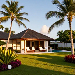 Caribbean Holidays, Guadeloupe Spa Breaks, A tranquil Guadeloupe spa resort surrounded by tropical gardens, with palm trees, warm sunlight and a calm Caribbean atmosphere