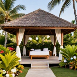 Caribbean Holidays, Guadeloupe Spa Breaks, A tranquil luxury spa in Guadeloupe with an open-air treatment pavilion, tropical gardens and soft morning sunlight