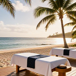 Caribbean Holidays, Guadeloupe Spa Breaks, A tranquil luxury spa overlooking a tropical beach in Guadeloupe, with treatment beds, palms and warm December sunshine