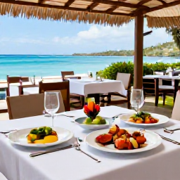 Caribbean Holidays, Guadeloupe Spa Breaks, An elegant outdoor restaurant at a Guadeloupe spa resort serving fresh seafood, colourful tropical fruit and French-Caribbean dishes