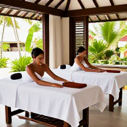 Caribbean Holidays, Guadeloupe Spa Breaks, Couple enjoying a peaceful spa treatment in a stylish Guadeloupe hotel, with tropical greenery and natural light