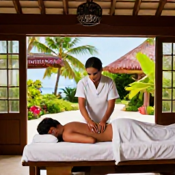 Caribbean Holidays, Guadeloupe Spa Breaks, Couple receiving a relaxing massage in an elegant Guadeloupe resort spa, tropical greenery visible through open windows
