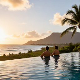 Caribbean Holidays, Guadeloupe Spa Breaks, Couple relaxing beside an infinity pool at a Guadeloupe resort, looking towards a green tropical coastline at sunset