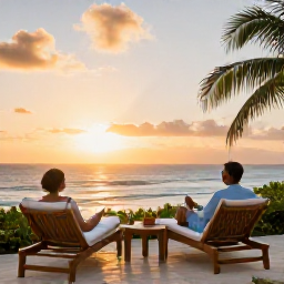 Caribbean Holidays, Guadeloupe Spa Breaks, Couple relaxing on a Guadeloupe hotel terrace at sunset in January, overlooking the Caribbean Sea