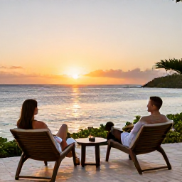 Caribbean Holidays, Guadeloupe Spa Breaks, Couple relaxing on a peaceful Guadeloupe resort terrace overlooking the Caribbean Sea at sunset